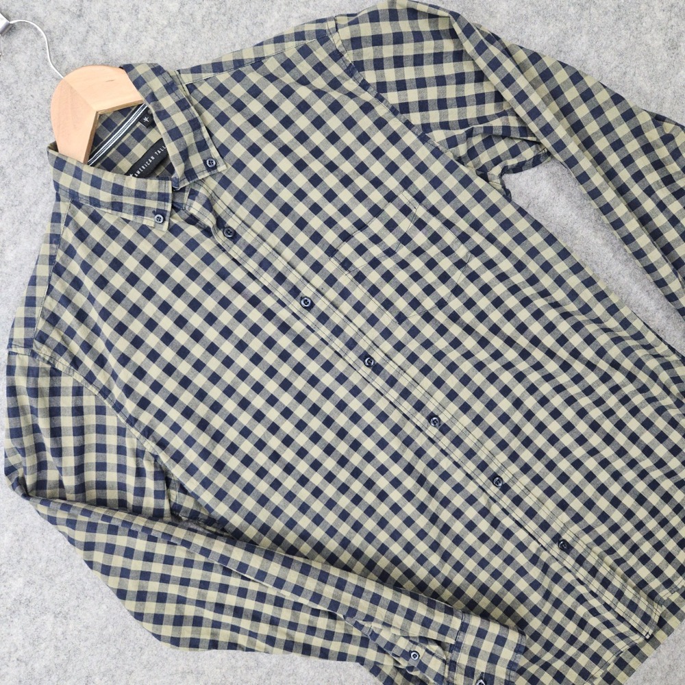 American Tall Button Down Shirt Men's Medium Tall Green Navy Gingham Long Sleeve